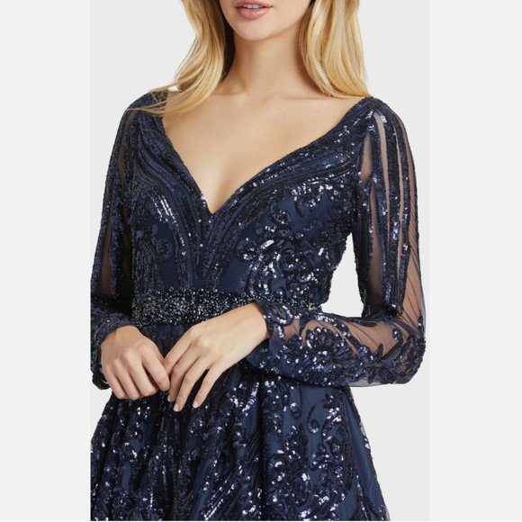 NWT $598 Mac Duggal [ 18 ] Damask Sequin Long‎ Sleeve Gown in Midnight Blue - Picture 16 of 16